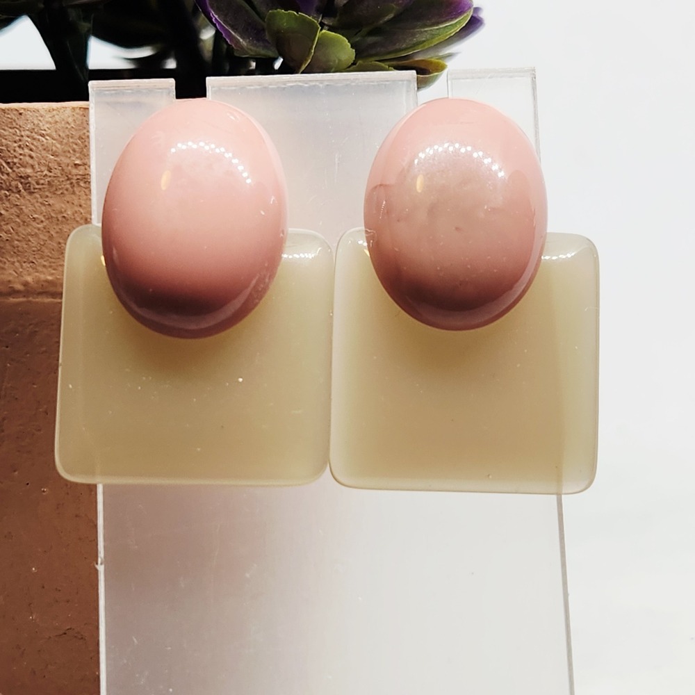 Pink and Green Geometric Resin Stud Earrings Retro Square Oval Statement Post